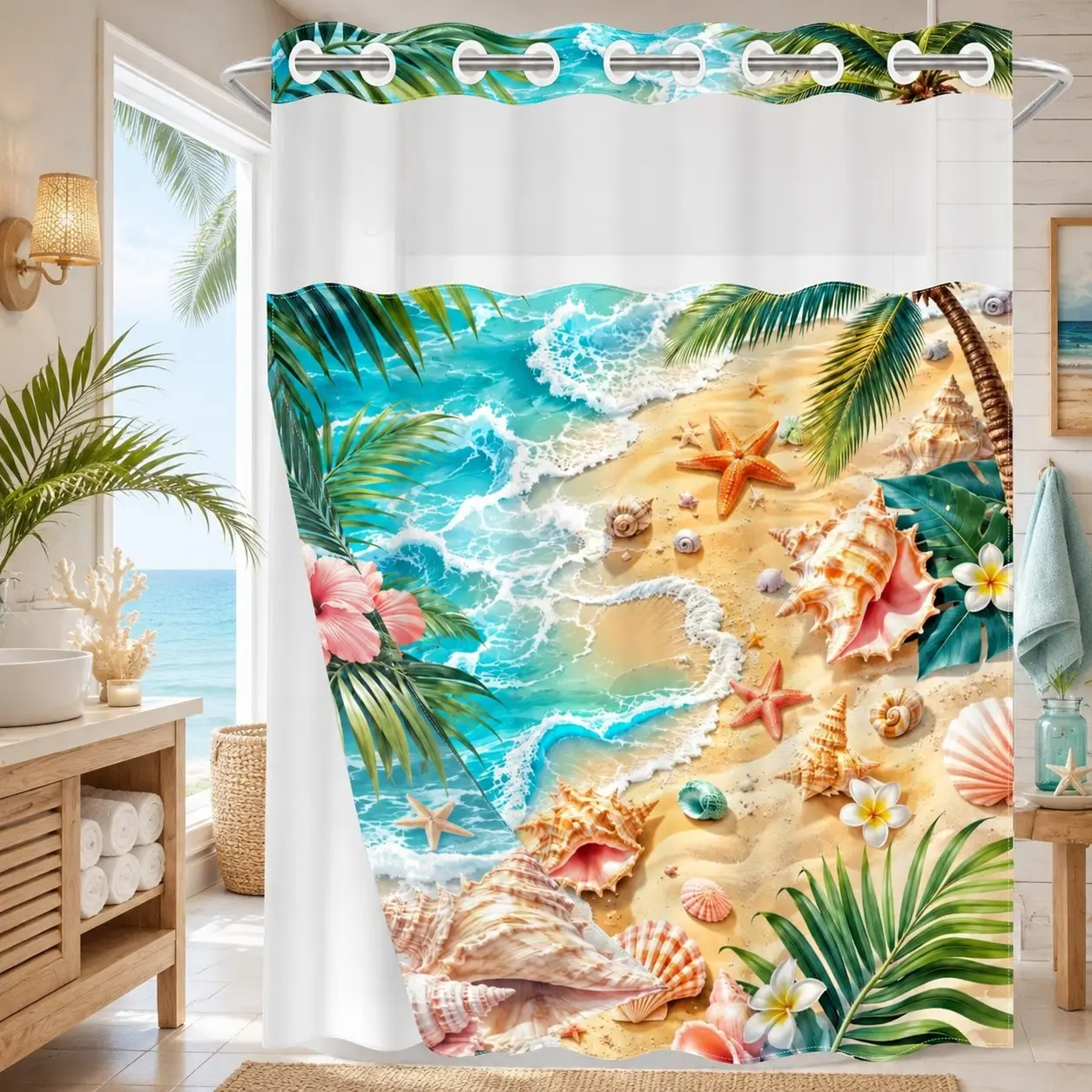 1Pc Hookless Waterproof Shower Curtain, Realistic Palm Shell Wave Beach Print, Quick Dry Mildew Proof Fabric, Removable Snap-in Liner Accessory, Top See-Through Window, Fresh Island Vacation Divider Curtain 71×74 Inch