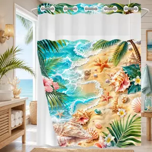 1Pc Hookless Waterproof Shower Curtain, Realistic Palm Shell Wave Beach Print, Quick Dry Mildew Proof Fabric, Removable Snap-in Liner Accessory, Top See-Through Window, Fresh Island Vacation Divider Curtain 71×74 Inch