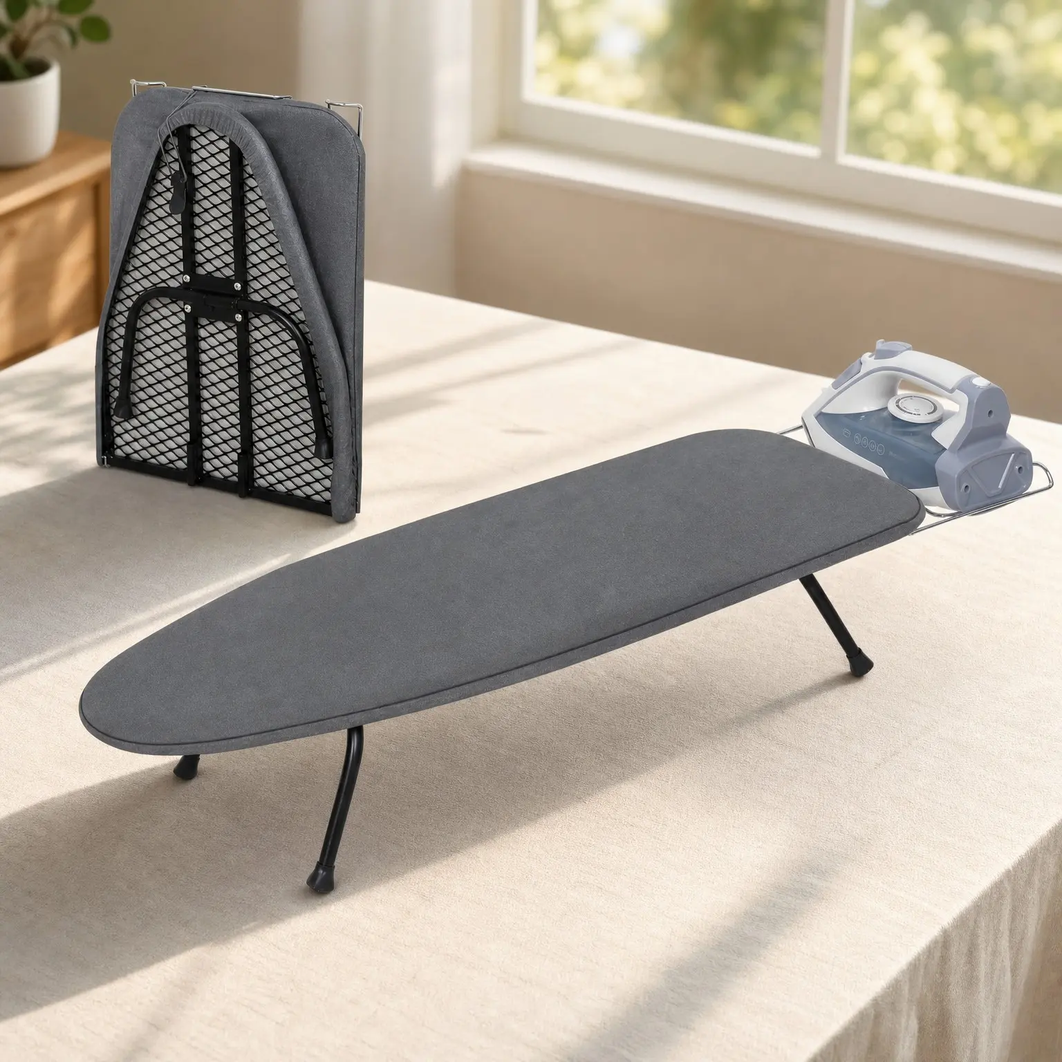 Metal Mesh Panel Tabletop Ironing Board | Foldable Heavy Duty Small Iron Board with Heat Resistant Cover and 100% Cotton 8mm Thicken Pad | 31.5"x11.8"x6.2"