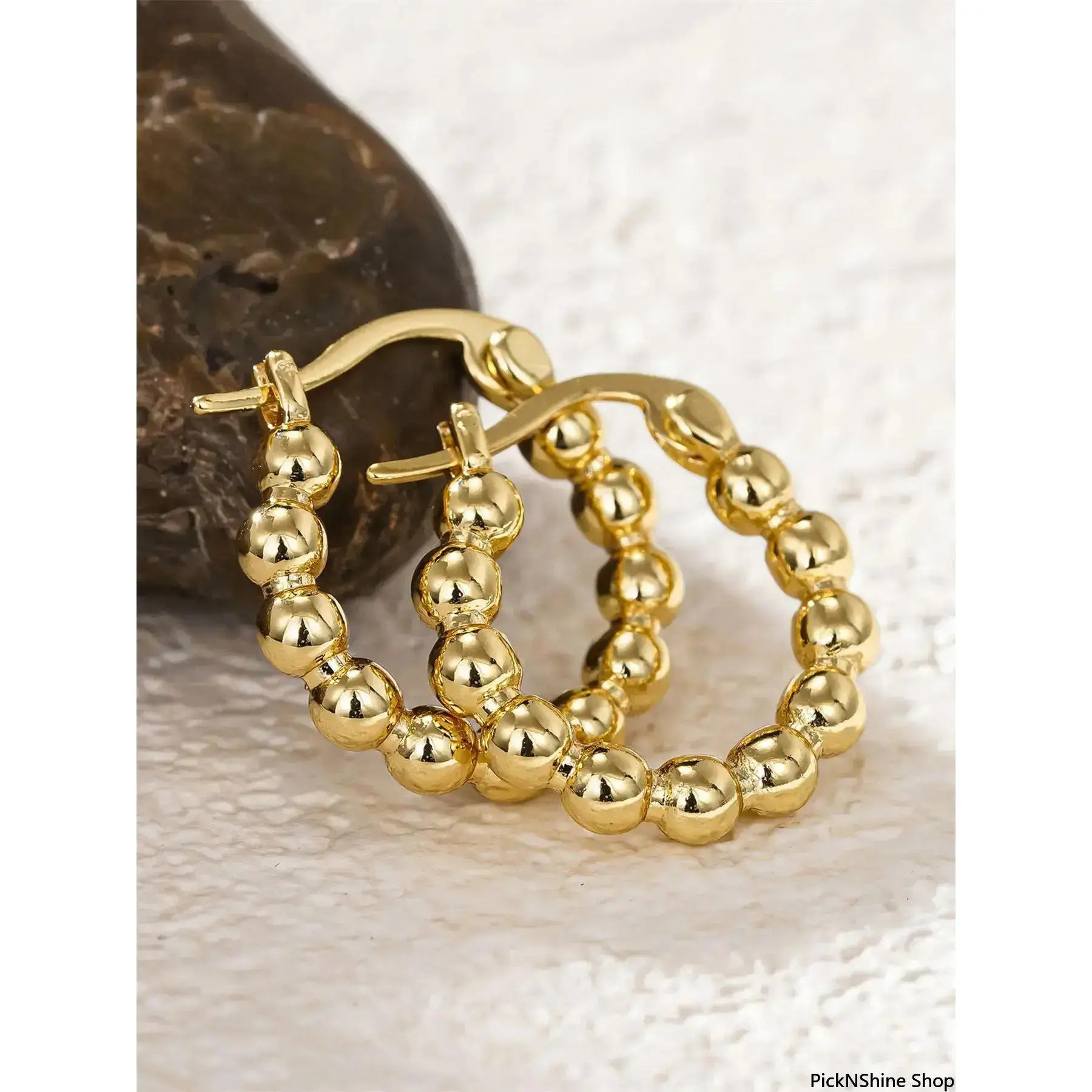 Women's 2026 Gold-Tone Synthetic Beaded Ball Hoop Earrings - Polished Bead Huggie Design, Minimalist Statement Style for Everyday-Party Wear, Ideal for Female Bridal Gifting, Casual Trendy Jewelry, Gold Huggie Hoops, Beads