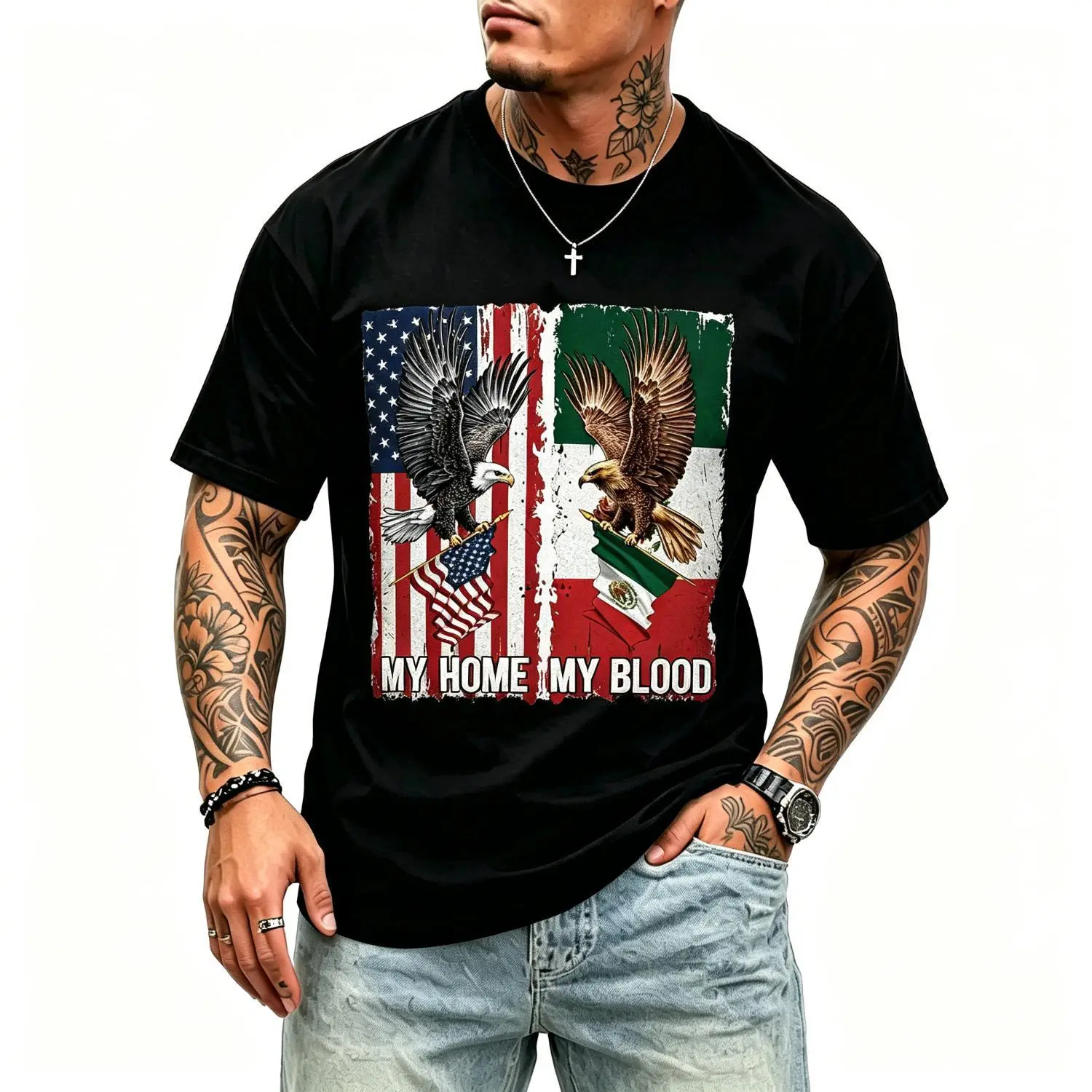 My Home My Blood USA Mexico Eagle Flag Tee Hispanic Heritage My Home My Blood Two Flags Eagle Vintage Graphic Short Sleeve Tee For Men Women