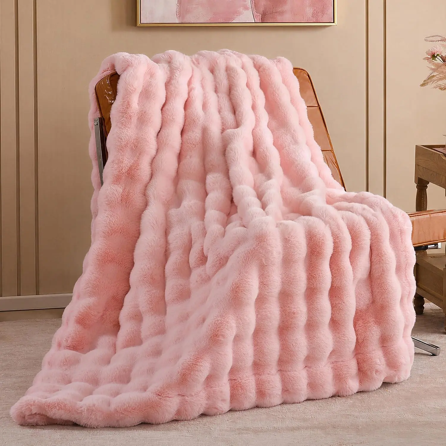 Faux Fur Throw Blanket for Couch - Blush Pink Super Soft Cozy Bubble Blanket, Fluffy Plush Fuzzy Throw for Sofa & Bed, Thick Lightweight Warm Blanket, Luxury Aesthetic Gift for Women 50"x60"