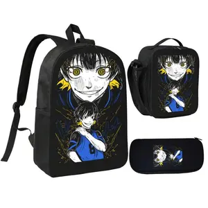 Blue Prison Bee Le Hui double-compartment yellow-eye hand-painted black background three-piece school bag set, including a backpack, insulated lunch bag, and pencil case, suitable for teenagers' daily school use