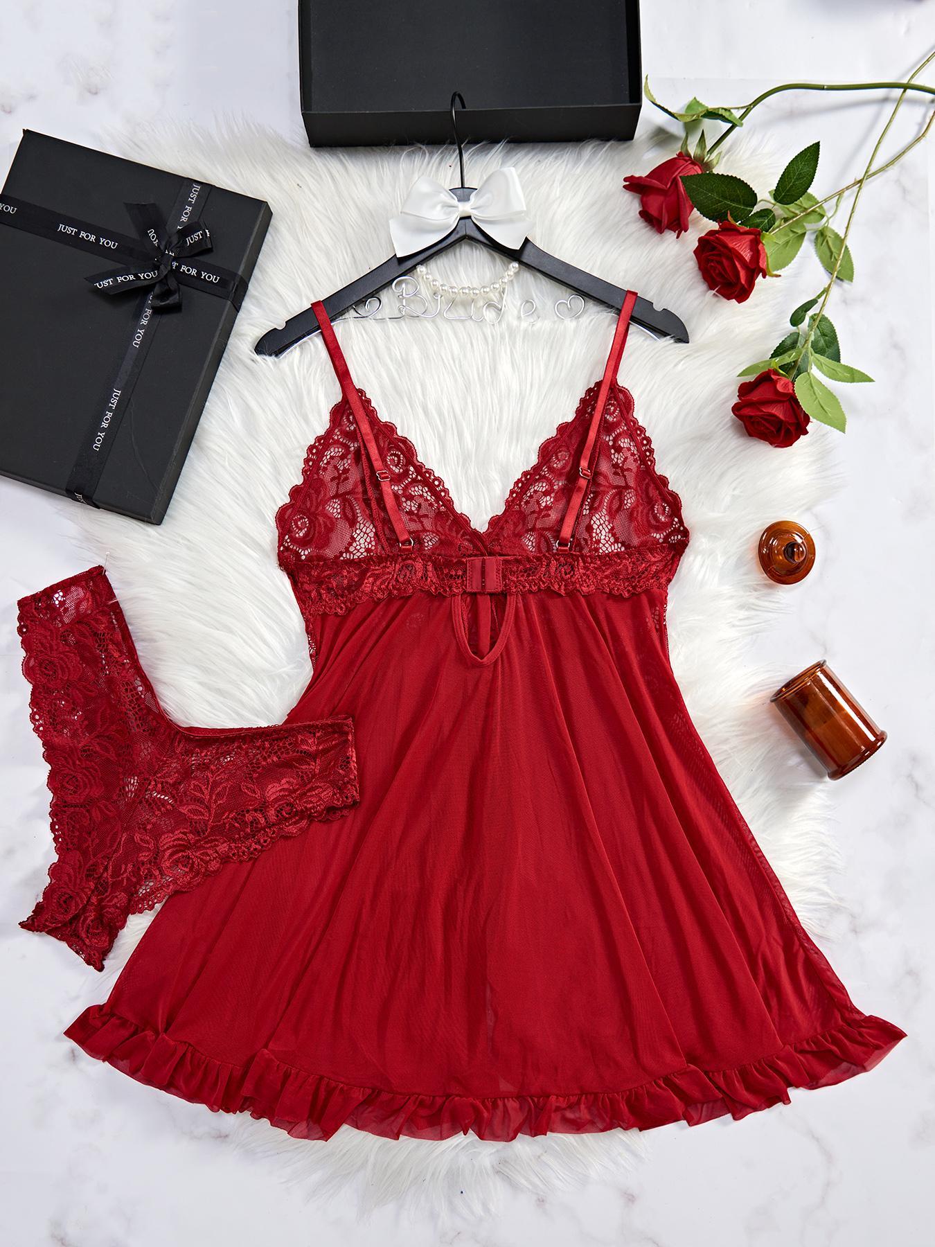 Romantic Valentine's Day Gift Women's Casual Elegant Sleepwear Set, 2 Piece Ruffled Hem, Lightweight Fabric, Loose Fit, Sleeveless, All Seasons