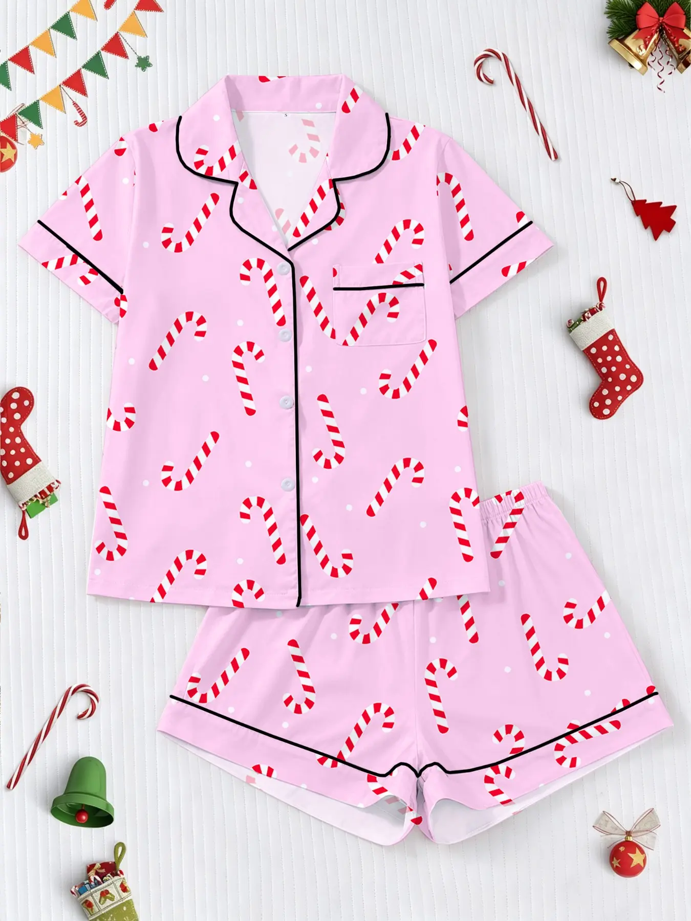 【Christmas】2-Piece Christmas Candy Cane Print Women's Pajama Set, Short Sleeve Button Front Top and Elastic Shorts, Comfortable Home Wear
