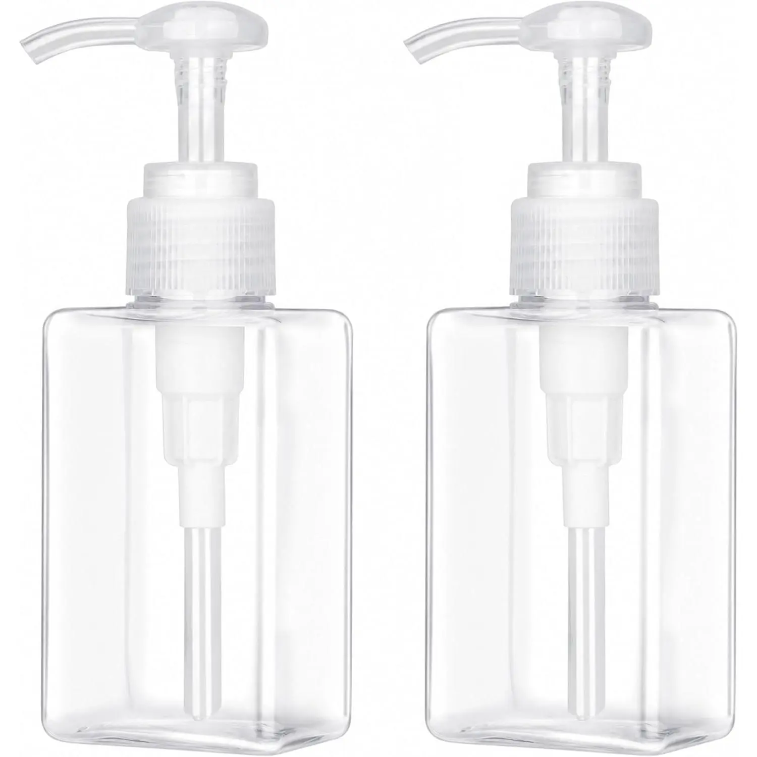 100ml (3.4oz) Pump Bottle Dispenser 2 Pack Refillable Flat Square Plastic Lotion Dispenser Leakproof Empty Lotion Pump Bottle for Essential Oil Soap Lotion Shampoo Clear