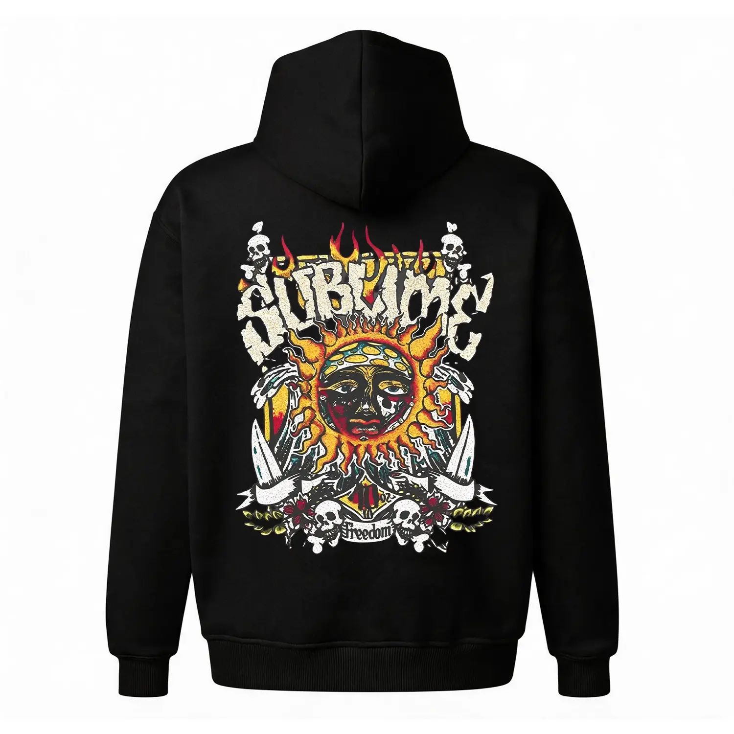 "SUBLIME" Sun Graphic Hoodie |   Vintage Tattoo Art Back Print Sweatshirt |   Rock & Reggae Aesthetic Pullover |   Oversized Unisex Fleece Top |   Edgy Skull & Rose Hoodie for Men & Women
