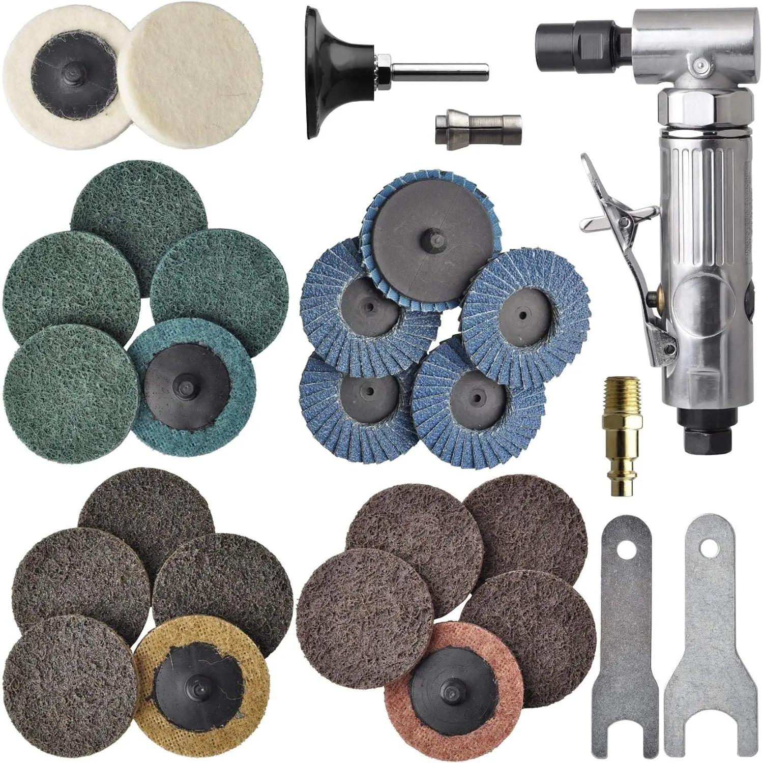 1/4 in High Power Ball-Bearing Compact Angle Pneumatic Grinder Kit with 22 Count 2-in Quick-Change Sanding Discs (Polished Finish)