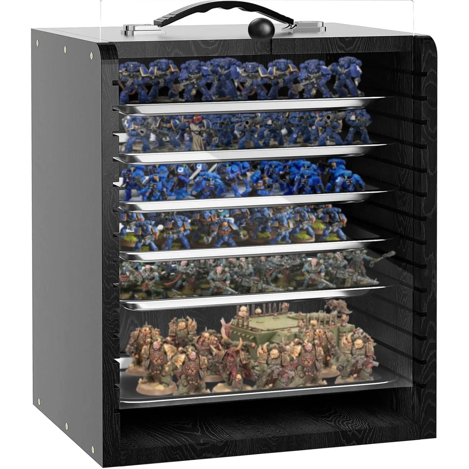 Black Wooden Miniature Storage Display Transport Case for Collectibles Miniatures with 6 Trays