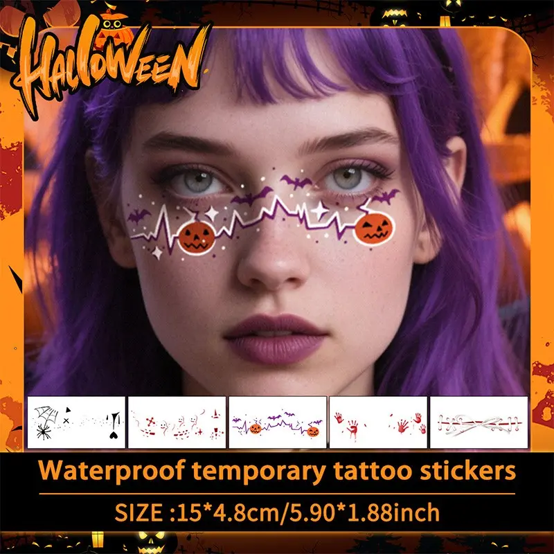 Halloween Spider Web Ghost Bat Pumpkin Heart Ecg Blood Handprint Threaded Colorful Temporary Tattoos, Waterproof, Reusable, for Men & Women