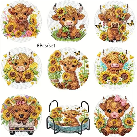 8-Piece Diamond Embroidery Coaster Set Animal Cow Pattern (with Stand), Diamond Pattern Design, DIY Diamond Art Craft Kit for Beginners Home Decoration Gift, DIY Craft Supplies, Handmade DIY Craft, Diamond Painting Kits