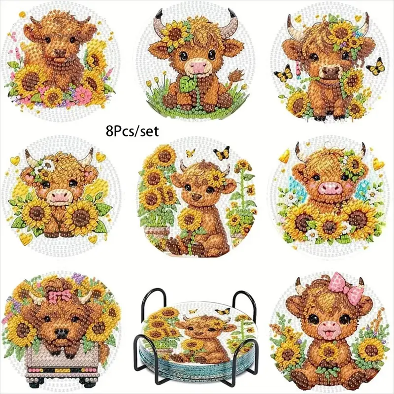 8-Piece Diamond Embroidery Coaster Set Animal Cow Pattern (with Stand), Diamond Pattern Design, DIY Diamond Art Craft Kit for Beginners Home Decoration Gift, DIY Craft Supplies, Handmade DIY Craft, Diamond Painting Kits
