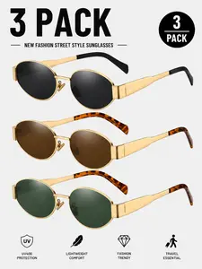New 3 Pack Metal Cat Eye Sunglasses, Unisex Oval Small Frame Street Photo Shades, Lightweight Trendy Accessory for Sun Protection, Travel, Driving, Cycling, Parties, Daily Outdoor Photos and Street Style