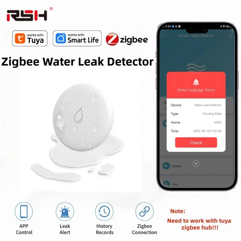 Rsh Zigbee Smart Water Leak Detector, Tuya Smart Life APP Alerts, Wireless Flood Sensor, Instant Notifications, Kitchen Basement Bathroom