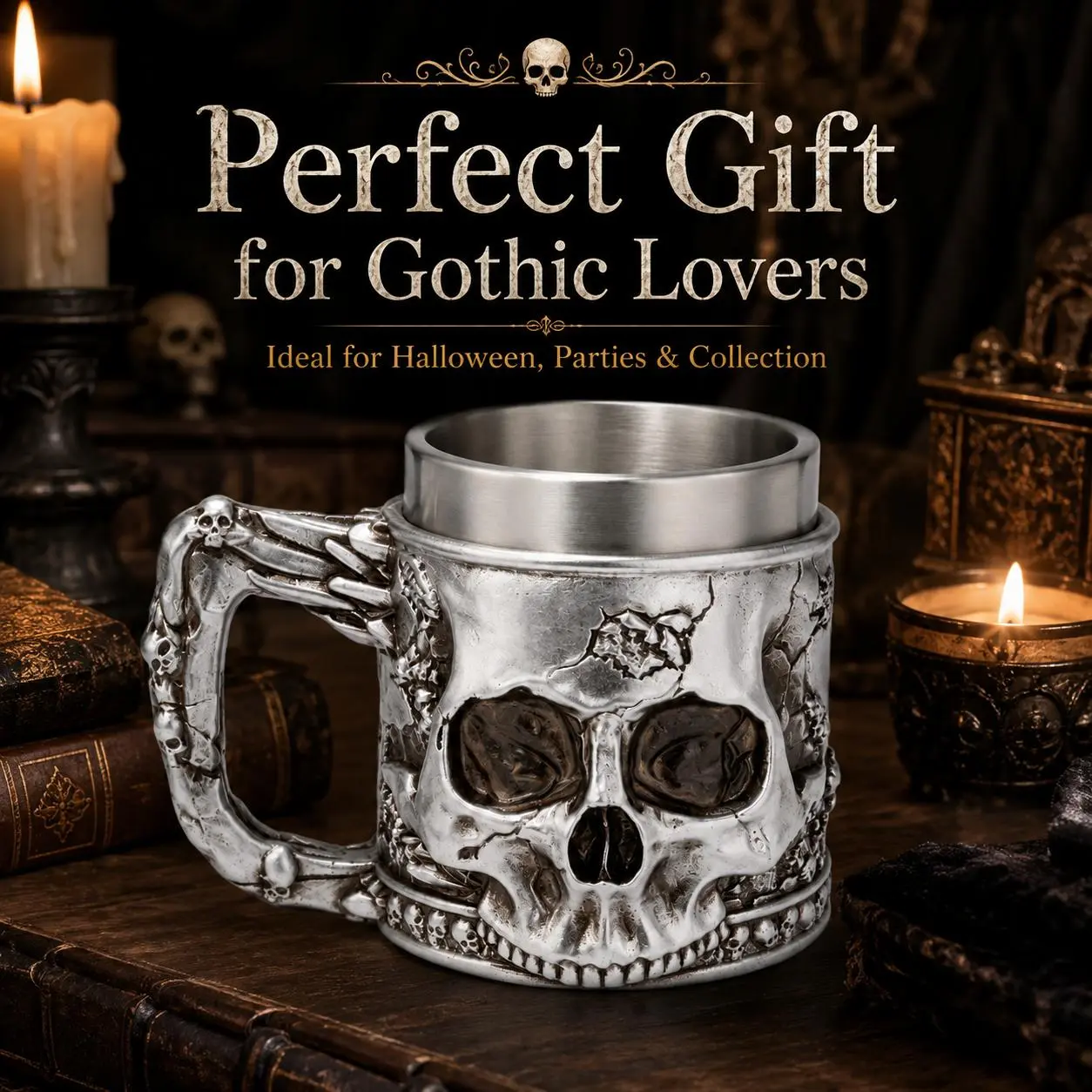 450ML Gothic Skull Mug with Stainless Steel Liner, 3D Embossed Skeleton Beer Stein & Coffee Cup with Wing Handle, Halloween Party Bar Drinkware and Spooky Gift