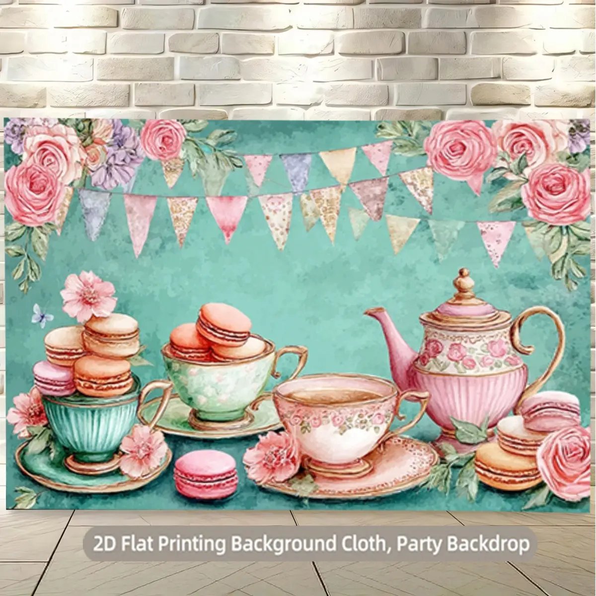 1-Piece Polyester 2D Flat Vintage Tea Party Backdrop Banner - Elegant Soft-Toned Teacup, Macaron, Floral, Delicate Flag Decor - Suitable for Afternoon Teas, Garden Parties, Birthday Decor
