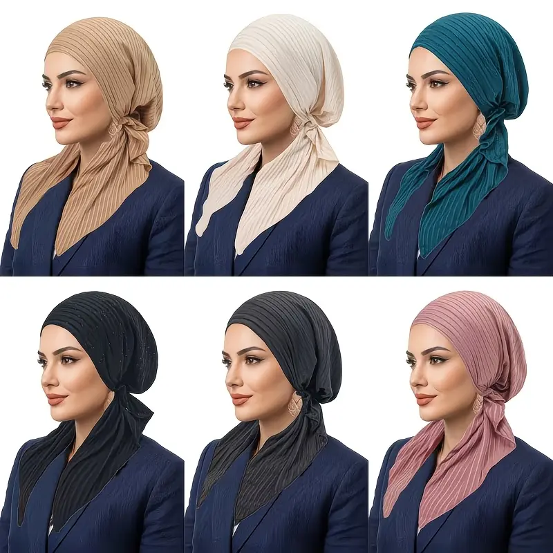 2Pcs Fashionable Muslim Non-Tied Headscarf Hat Set - with Striped Headband Quick Wear Headscarf Cap Versatile Curved Headscarf, Unique Present for Friends And Family