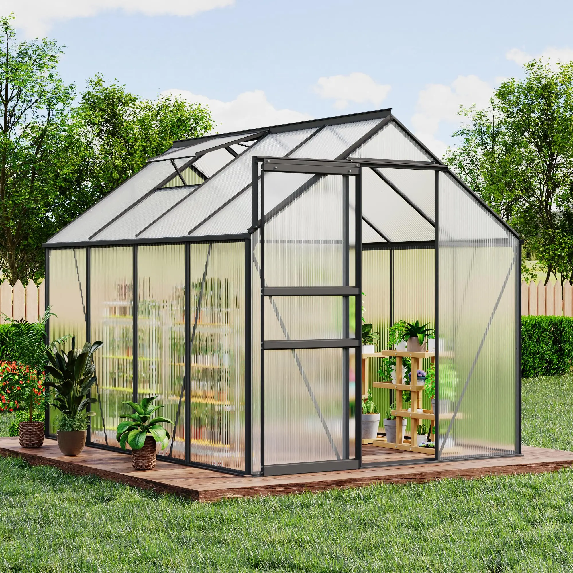 Garvee 6 x 8 FT Polycarbonate Greenhouse - Winter Greenhouses for Outdoors, Aluminum Frame, Sliding Door, Adjustable Roof Vent, Backyard Green Houses, Black