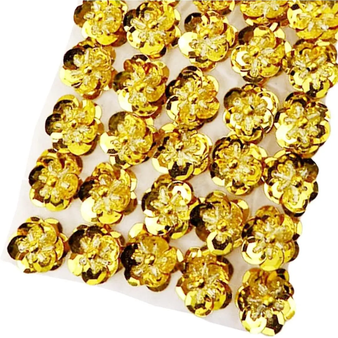 100 Pack Beaded Sequin Flower Sew on Patches Glitter Mini Crystal Paillette Applique Cloth Motif for DIY Wedding Garment Bags Accessory Hair Headband Decor (Gold)