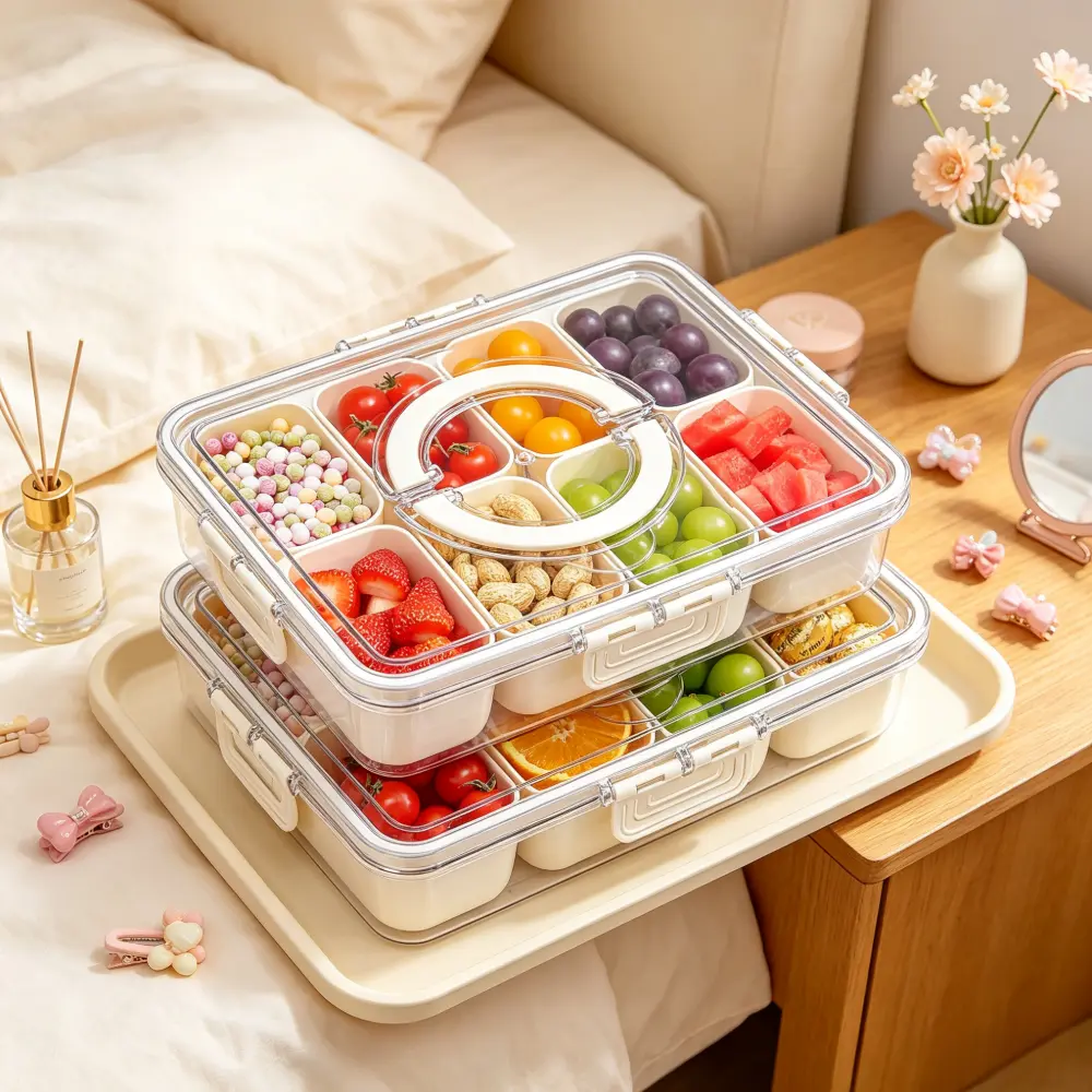 YFMHKM 8 Grid Portable Divided Snack Container with Handle, Clear Leakproof Fruit Serving Tray with Lid, Reusable Food Storage Organizer for Picnic, Party, Travel & Refrigerator
