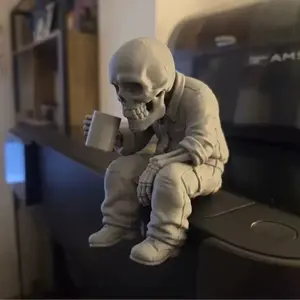8cm Work Burnout Skeleton Ornament, Funny Coffee Skeleton Desk Decor, Gothic 3D Printed Statue, Sarcastic Work From Home Companion