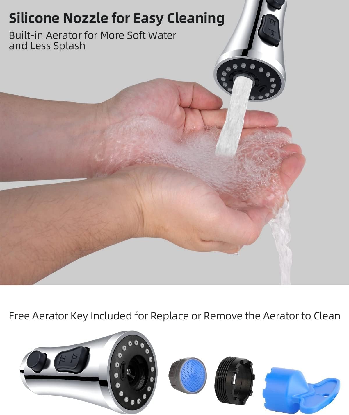 Pull Down Kitchen Faucet  Replacement, 3-Function Kitchen Sink Spray Nozzle with 15 Adapters, Compatible with Moen,  Standard, Delta, Kohler Faucets, Chrome (Shiny )