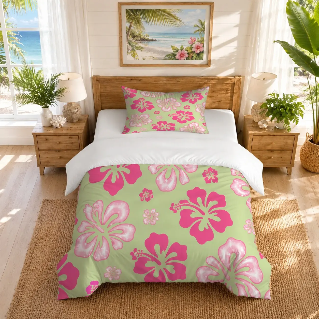 Summer Floral Bedding Set, 2/3 Pcs (1 Duvet Cover + 1/2 Pillowcases, No Fillings). Single-sided Hawaiian Floral Prints, Soft And Washable Bedding. for Bedrooms, Dorms, Apartments, Guest Rooms And All-season Home Use