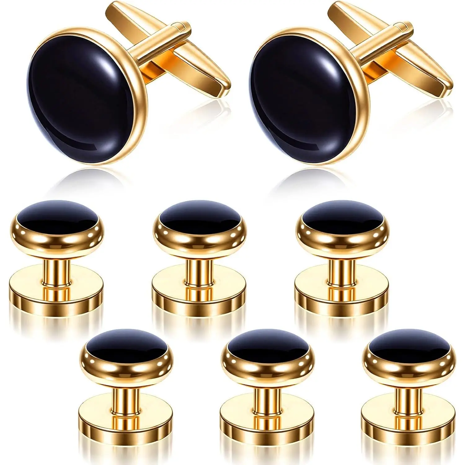 8 count Cufflinks for Men Stainless Steel Tuxedo Studs Classic Black CuffLinks Tuxedo Studs Buttons Round Wedding Cufflink for Mens Formal Kit Business or Wedding Shirts