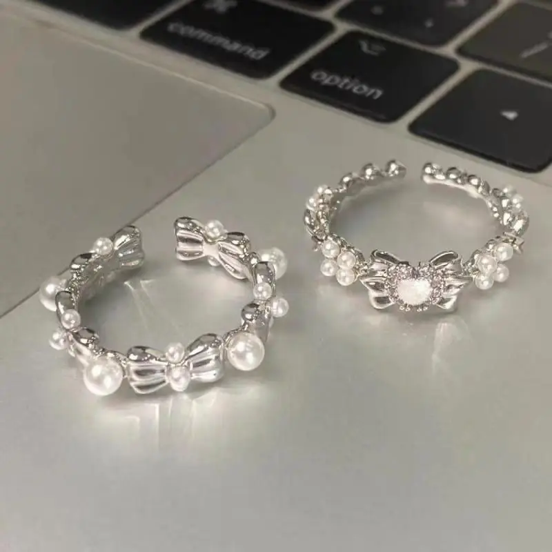 Korean Fashion Pearl Bow Rings for Women Trend Sweet Exquisite Opening Heart Rings Brides Wedding Jewelry Accessories