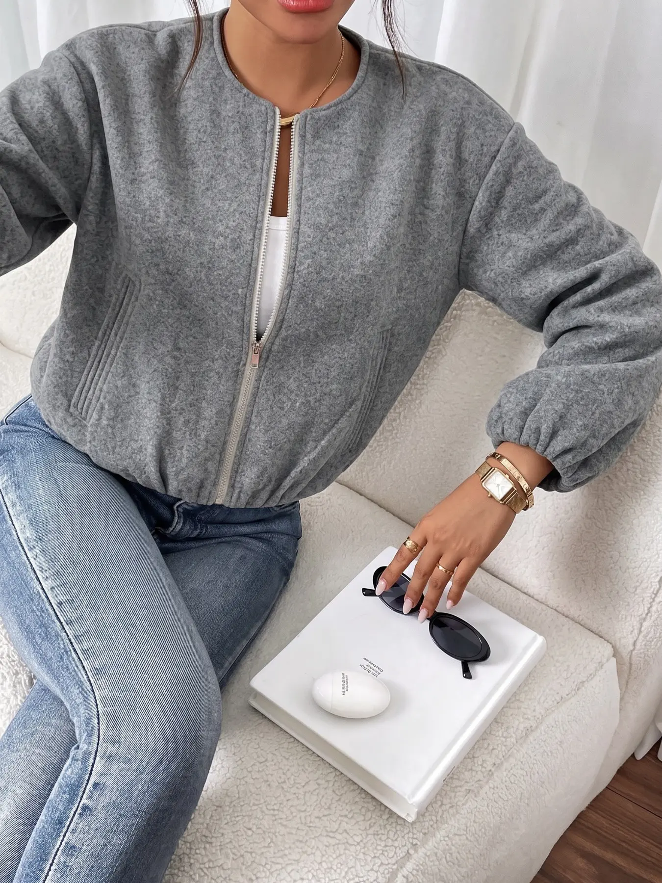 Women Round Neck Full Zip Cropped Jacket, Basic, Y2K Casual Long Sleeve Elastic Cuff Short Coat, Heather Grey Zip‑Up Pocket Outerwear for Daily Street Outfit, fall clothing Tiktokshop women