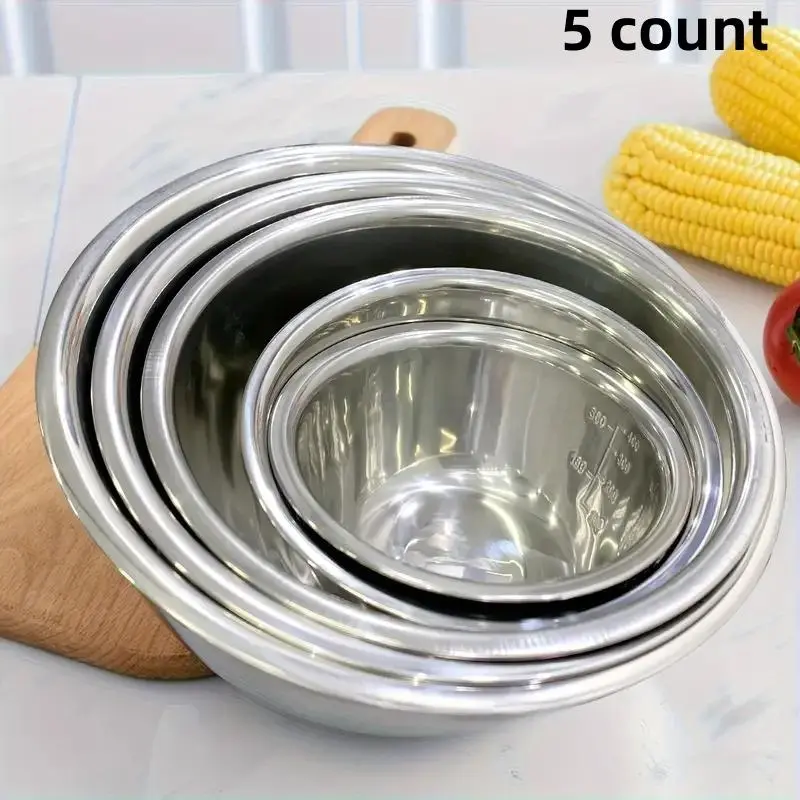 Stainless Steel Mixing Bowl Set, 5 Counts/set Multipurpose Durable Non-slip Mixing Bowl, Kitchen Cooking & Baking Supplies