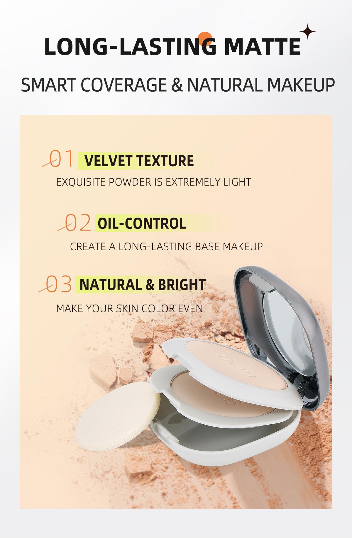 2-in-1 Matte Pressed Powder – Oil Control, Long-Lasting & Full Coverage| Wet & Dry Use, Setting & Touch-Up, Brightening Smooth Finish