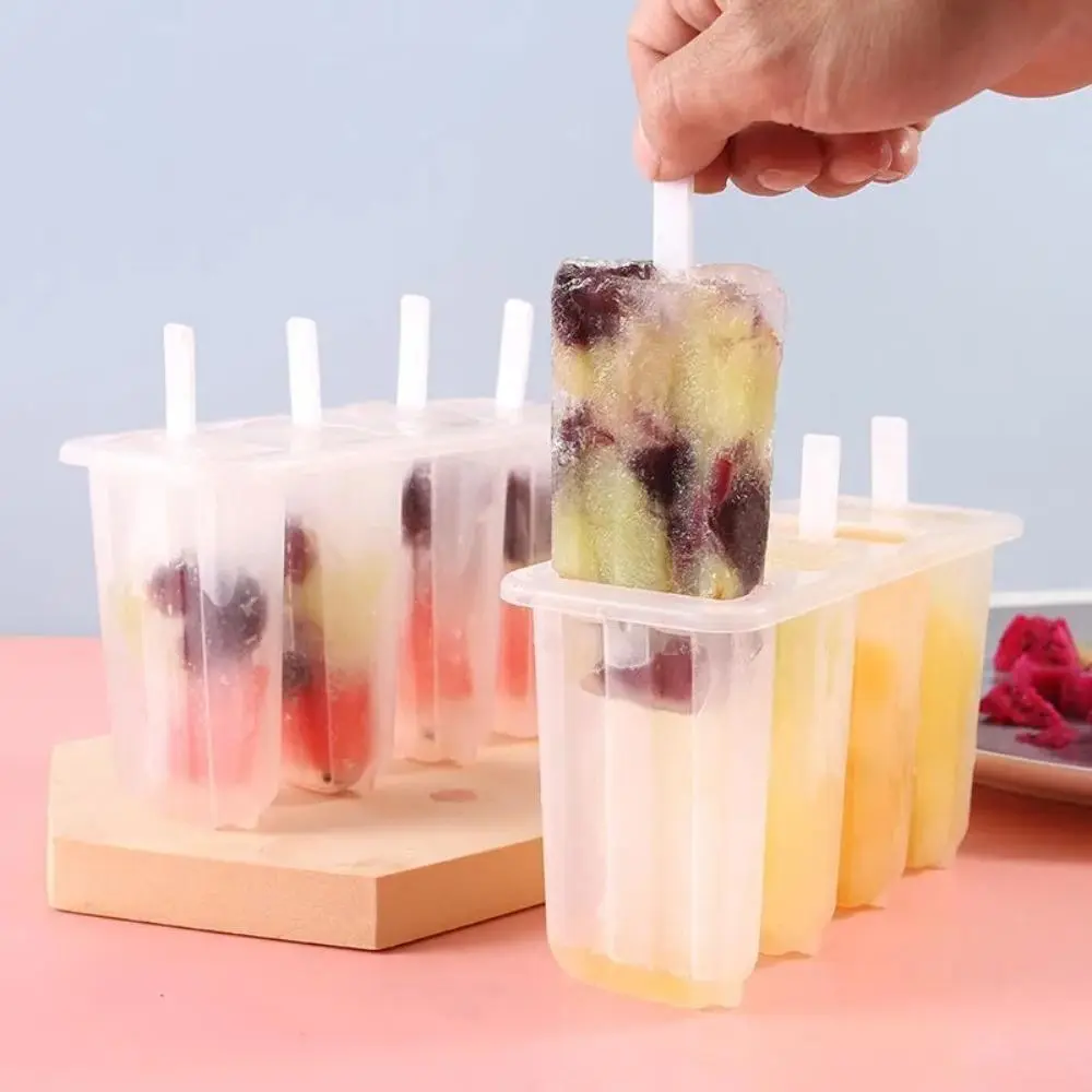 4-Slot Popsicle Molds for Kids, Reusable Plastic DIY Ice Cream Bar Maker with Sealed Lid, Compact Kitchenware Smoothie Freezer Tray for Daily Household Use, Backyard Barbecues, Popsicles Molds