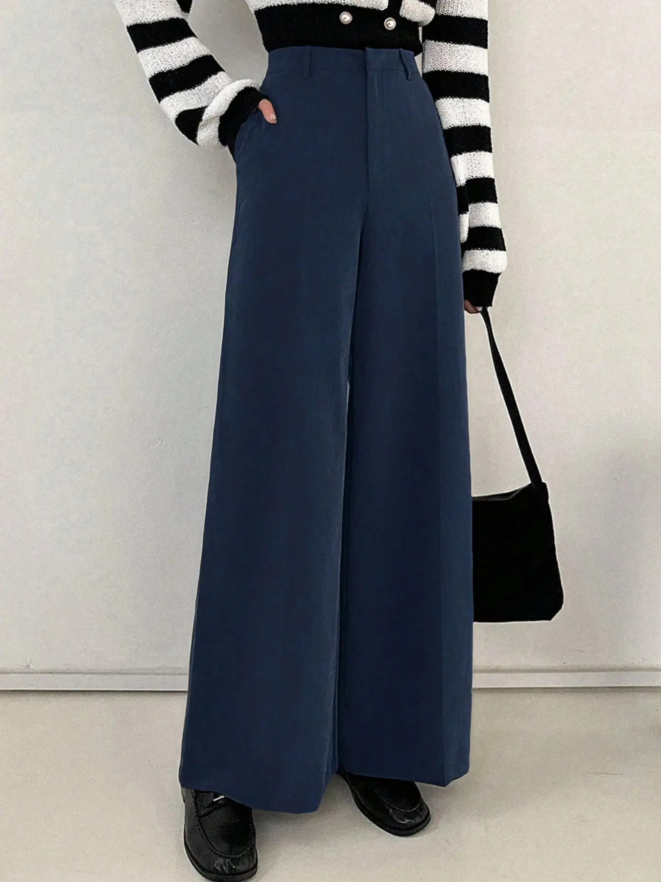 Women's Solid High-Waisted Wide-Leg Suit Pants, Casual Everyday Loose-Fitting Regular Clothing, All-Season Plain Pattern Pro Style Bottoms