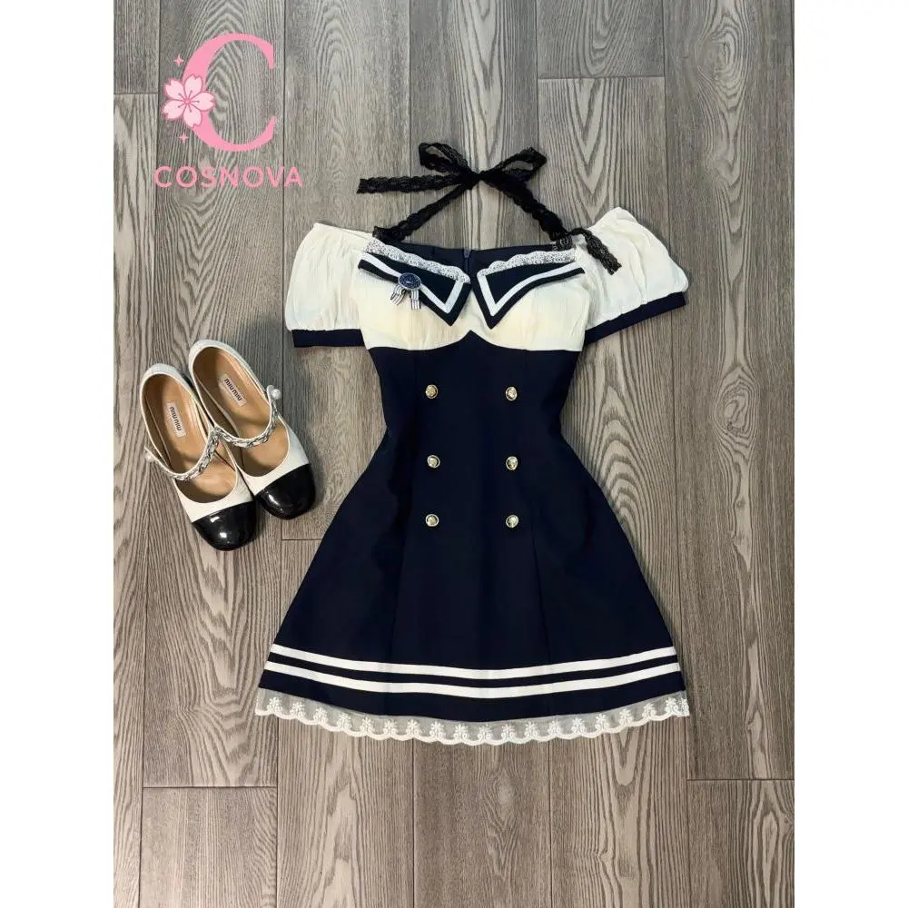 Korean Fashion Retro Y2K Off-shoulder Halter Dress Women Sailor Style Lace Patchwork Mini Dresses New Casual Sweet Clothing New