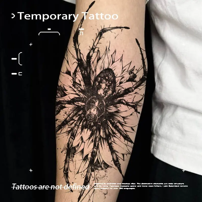 Dark Ink Splatter Spider & Sunflower Herbal Juice Temporary Tattoo Semi‑Permanent Waterproof Long‑Lasting Alt Fake Tattoo Stickers for Forearms Men Women
