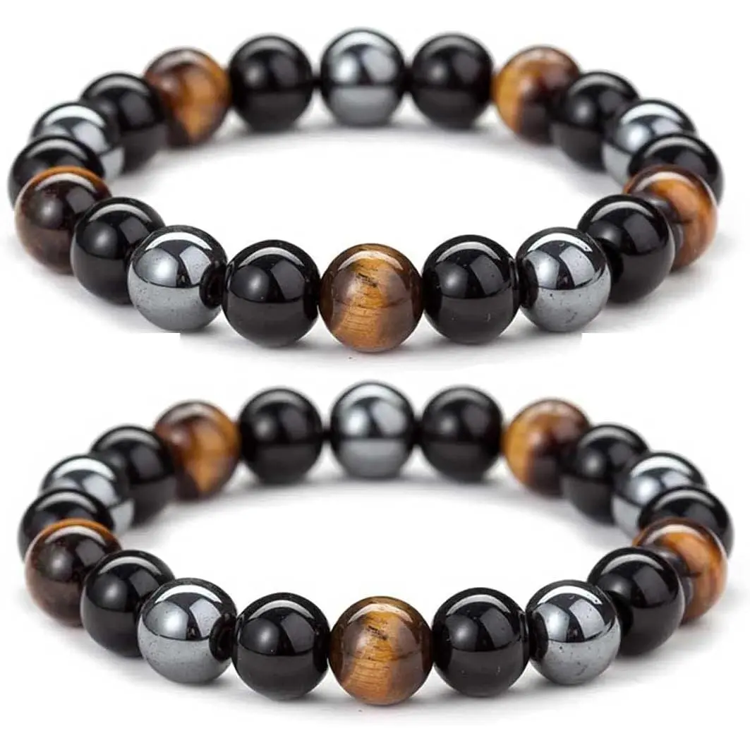 2 count Anti  Obsidian Bracelets for Women Men Lymphatic Drainage Hemios Hematite Elastic Bangles Sets Yoga Beads   Bracelets Anklet(C)