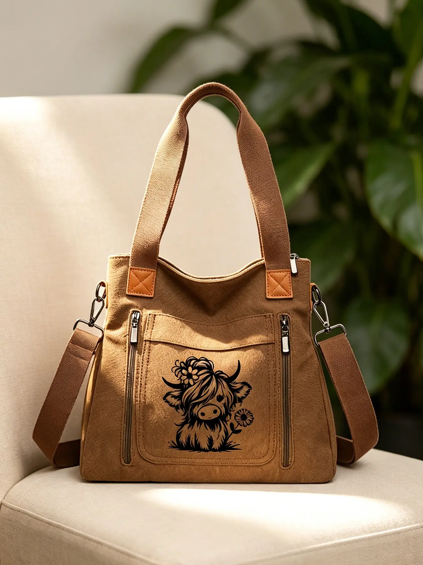 Highland Cow Pattern Fashion Tote Bag, Large Capacity Minimalist Crossbody Shoulder Bag, Zip Closure, Suitable for Office, Students, Adults