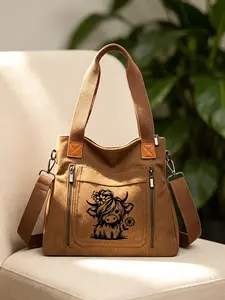Highland Cow Pattern Fashion Tote Bag, Large Capacity Minimalist Crossbody Shoulder Bag, Zip Closure, Suitable for Office, Students, Adults