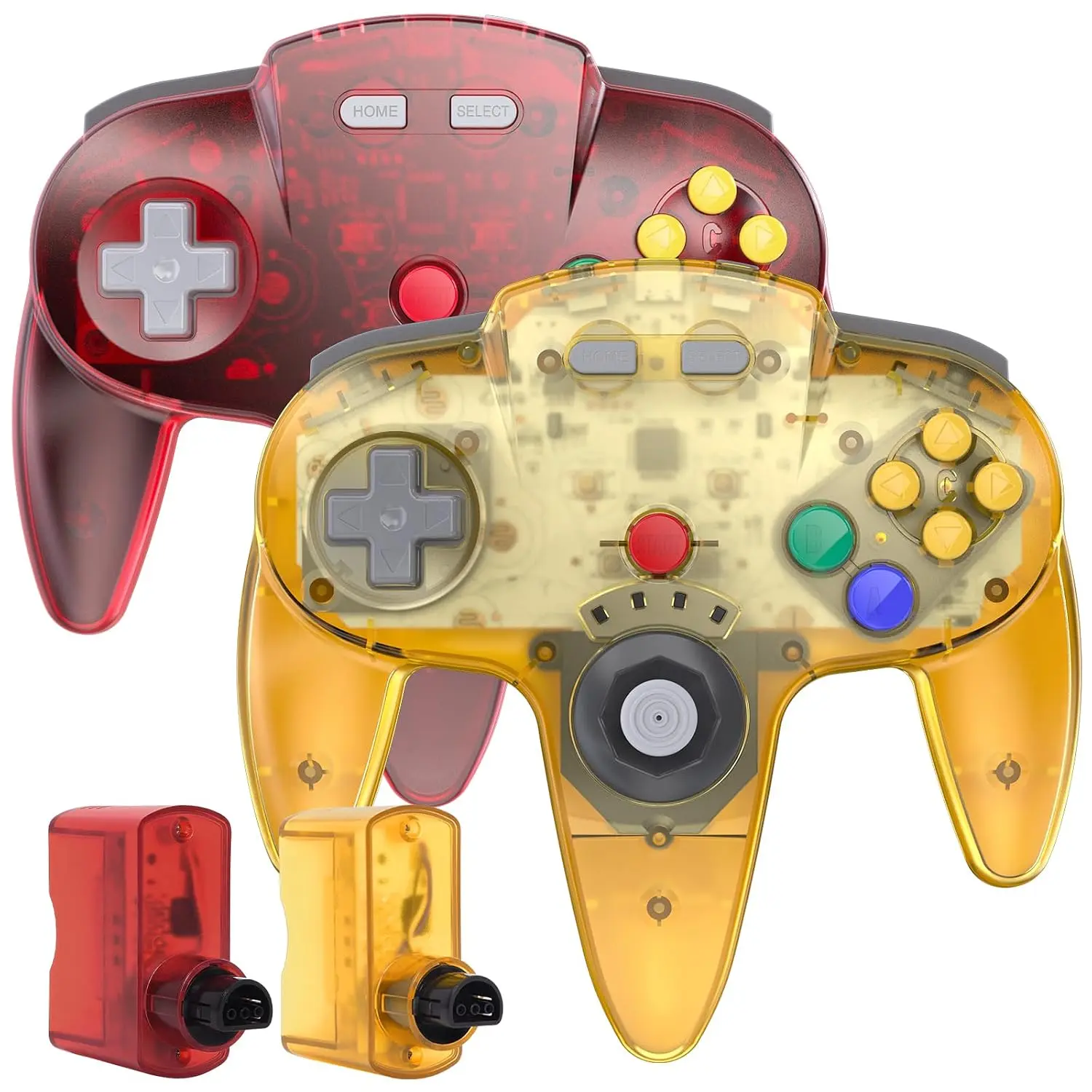 2.4 GHz  N64 Controller (2 Pack), Receiver, Compatible with N64 Console - Rechargeable, Plug and Play, -in Rumble - Clear Yellow/Red
