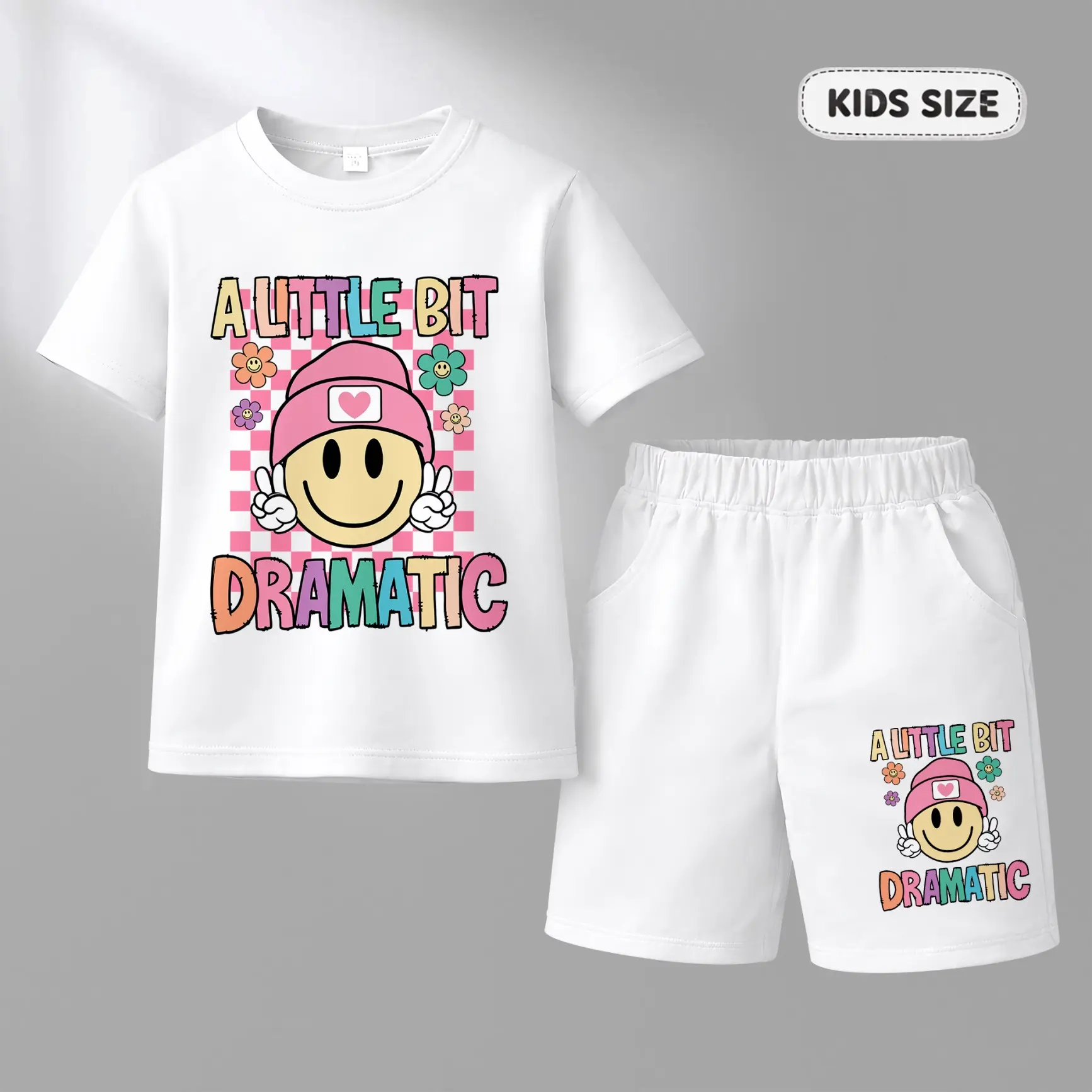 Girls’ Colorful Smiley Face Graphic Tee and Shorts Set, Fun A Little Bit Dramatic Letter Print Summer Outfit, Casual Two-Piece Clothing for Parties, Holidays and Outdoor Activities
