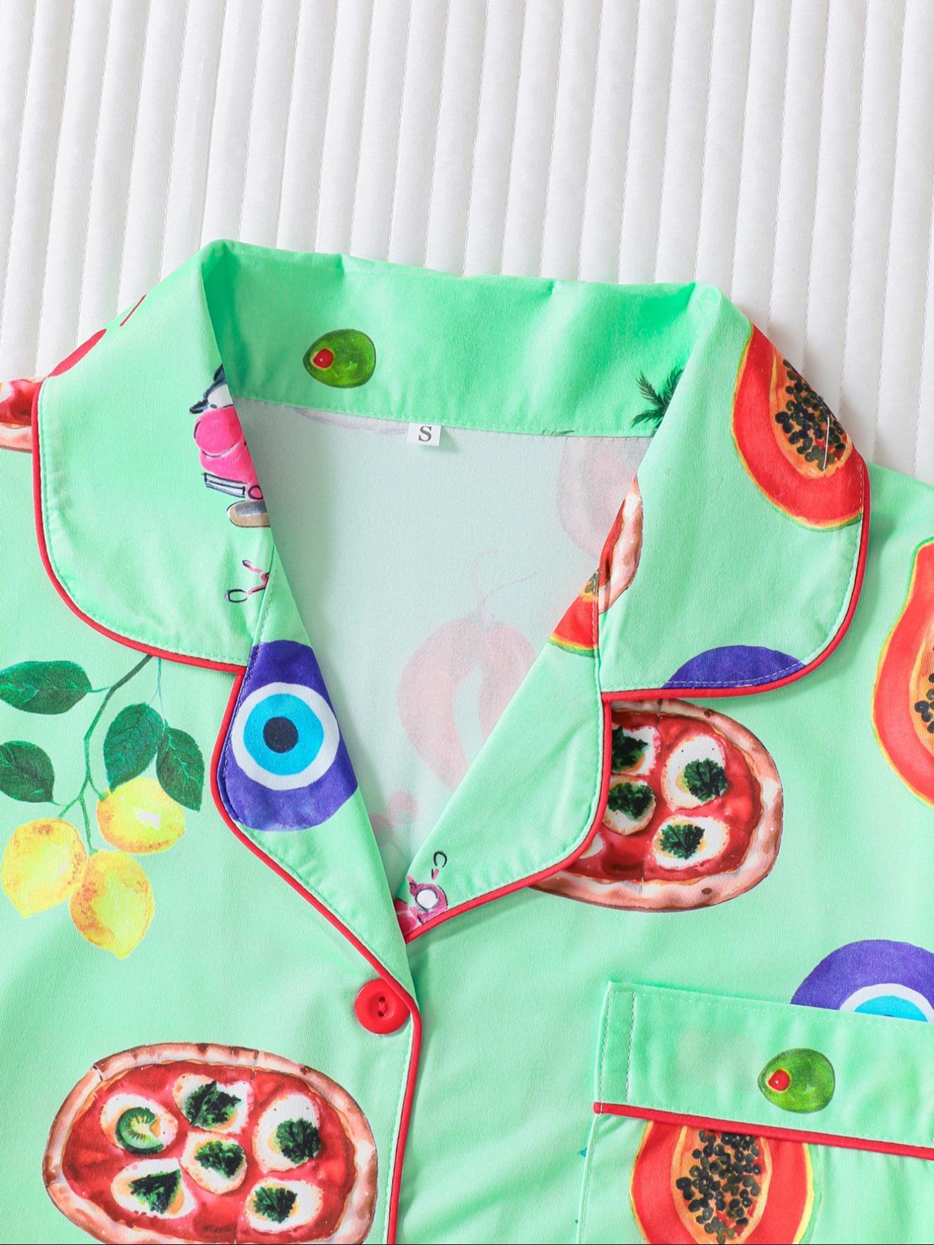 Women's Fruit Print Shirt & Elastic Waist Shorts Pyjama Two-piece Set, Casual Comfy Short Sleeve Top & Shorts PJ Set, Matching PJ Set, Ladies Sleepwear for All Seasons