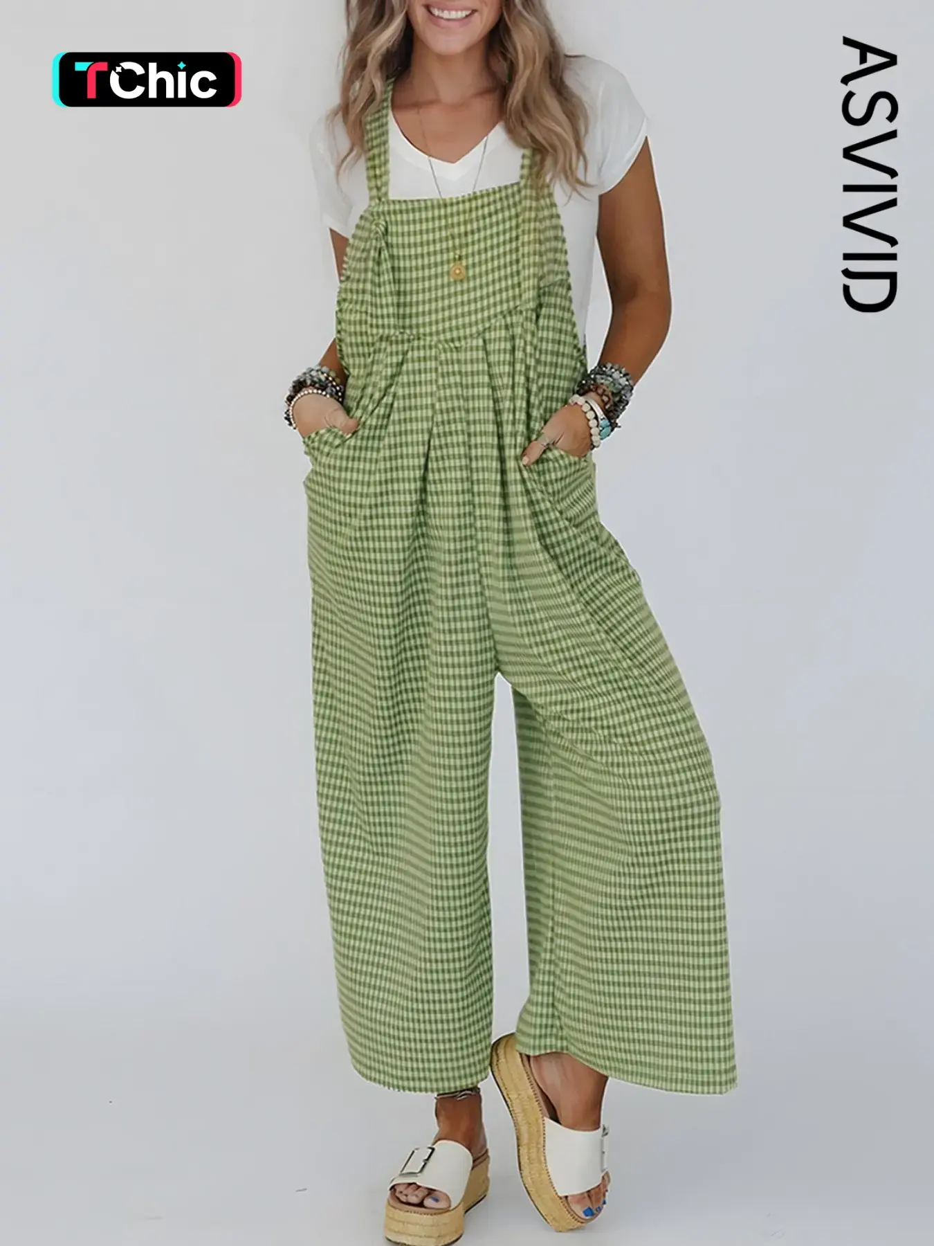 Women's Casual Gingham Wide Leg Overall with Pockets, Sleeveless Long Pants, Comfortable & Stylish Jumpsuit