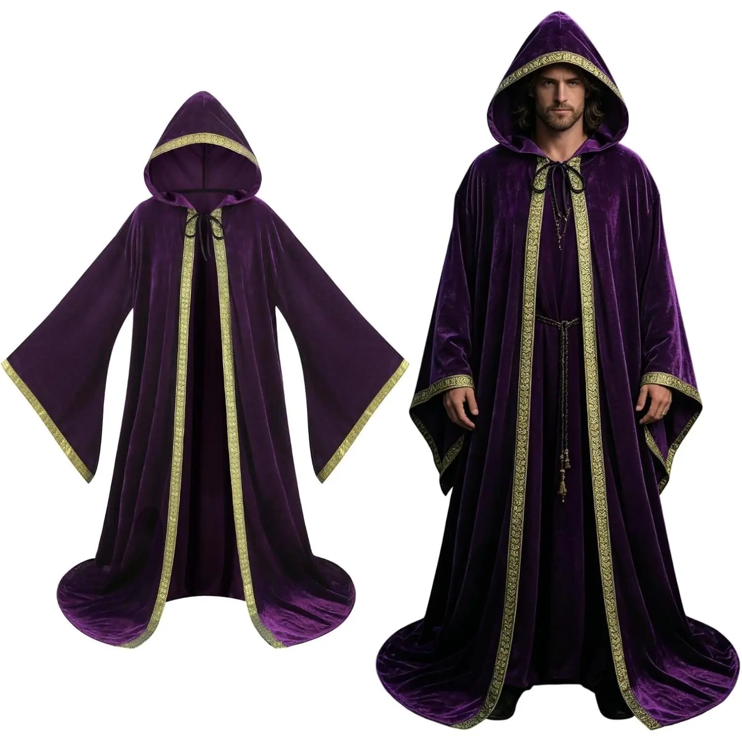 Velvet Wizard Robe with Hooded and Sleeves, Halloween Fancy Cool Cosplay Costume