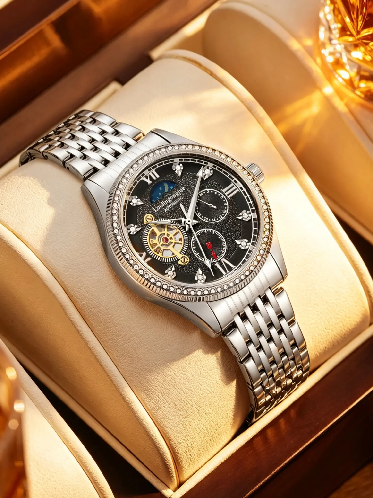 Luxury Moon Phase Men's Mechanical Watch, Diamond Bezel Steel Band, Waterproof Automatic Luxury Business Watch, All-Season Analog Round Face