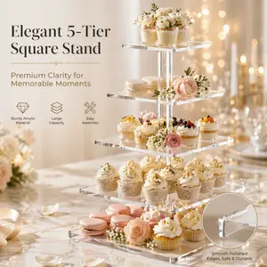 Elegant 5-Tier Square Display Stand, exquisite pyramid-shaped dessert rack. Transparent design, ideal for weddings, birthdays and all kinds of parties to arrange pastries and snacks.