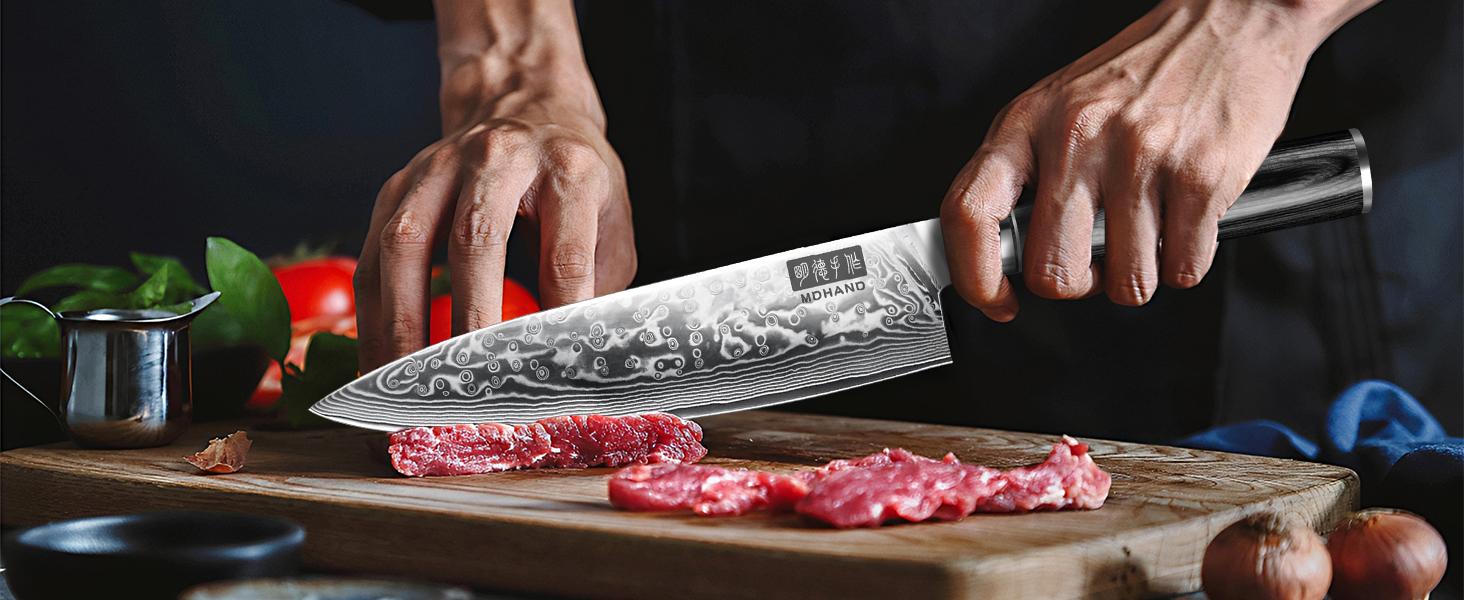 MDHAND Chef Knife 8 Inch, Ultra Sharp Damascus Kitchen Knife, Professional VG10 Super Steel Japanese Knife with Balanced Pakkawood Handle, Cooking Knives for Home Kitchen Gift Idea, Elegant Box