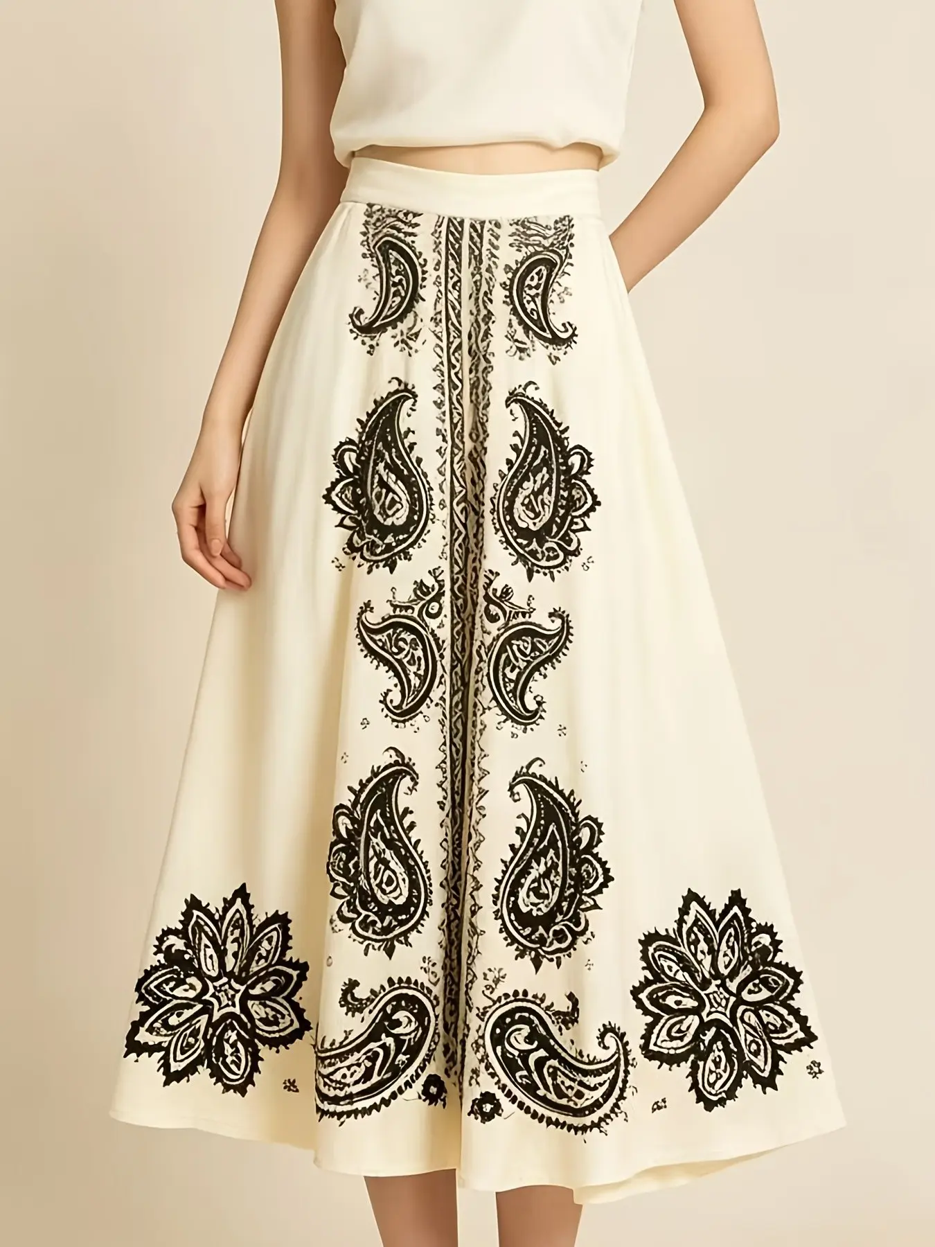 Elegant Beige Paisley Print Skirt High Waist A Line Midi Skirt Casual Office Women Bottoms