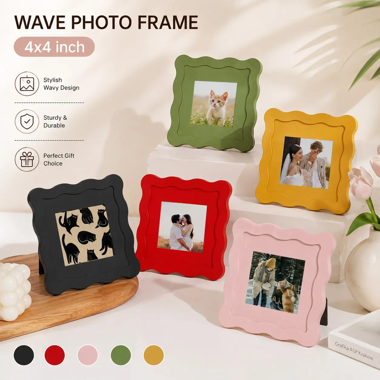 Wave Edge Wooden Photo Frame, Multi-Size Display, Wall & Desk Mount, Acrylic Board, Moisture Resistant, Fashionable Home Decor, Picture Frames For Wall