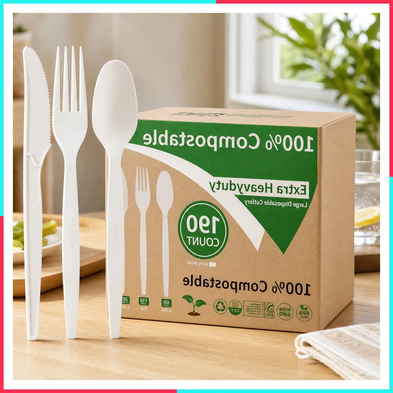 Extra Heavy Duty Compostable Cutlery Set - 190 Count Large Disposable Utensils, Plastic-Free Forks Spoons Knives, Biodegradable Eco Friendly Silverware for Party, BBQ, Daily Use, Events, Picnic